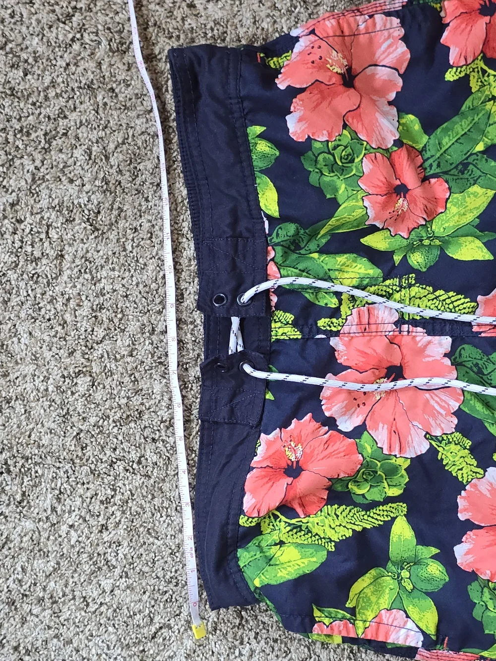 Men's Navy Floral Swim Trunks with Pink Hibiscus Print